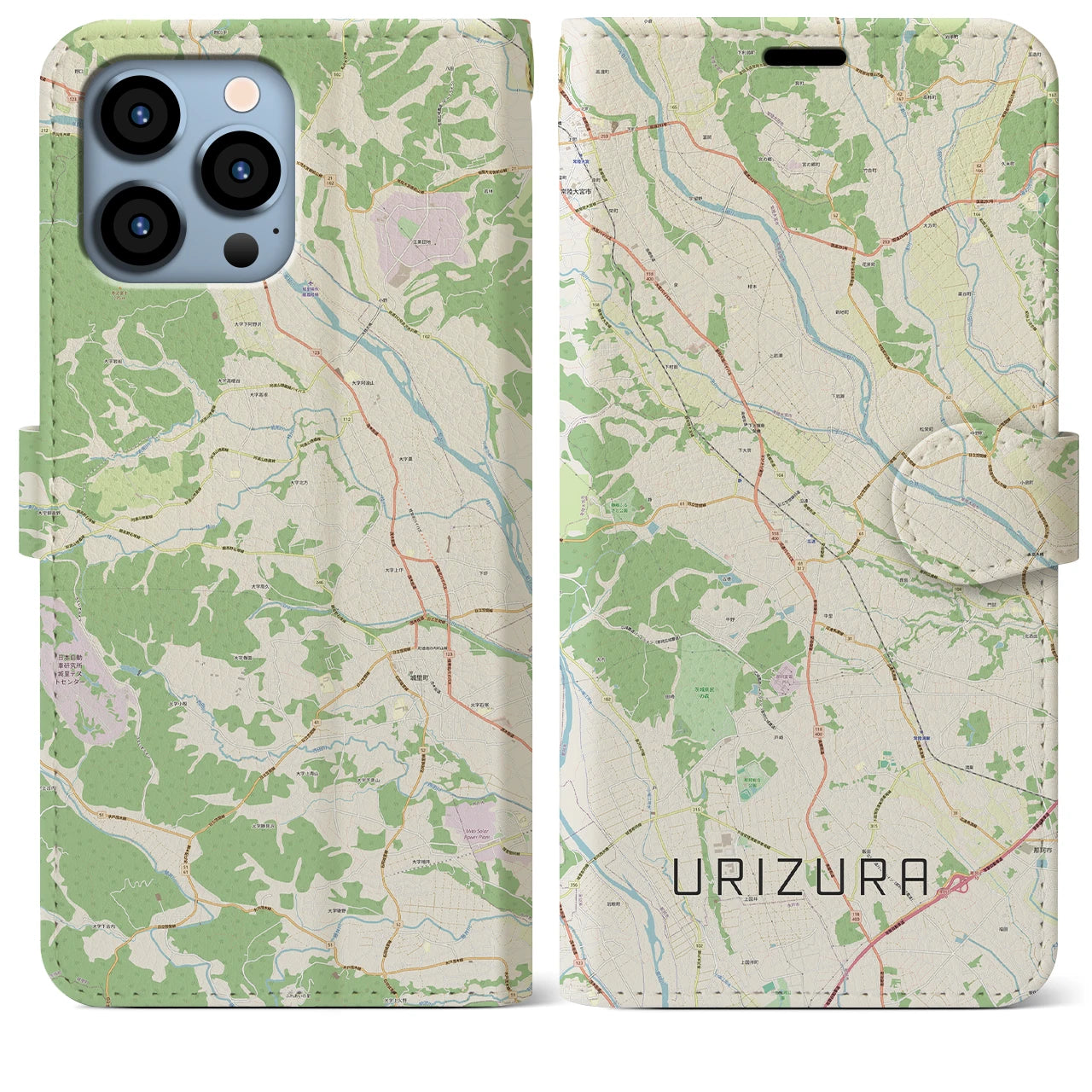 【瓜連（茨城県）】地図柄iPhoneケース（手帳タイプ）ナチュラル・iPhone 13 Pro Max 用