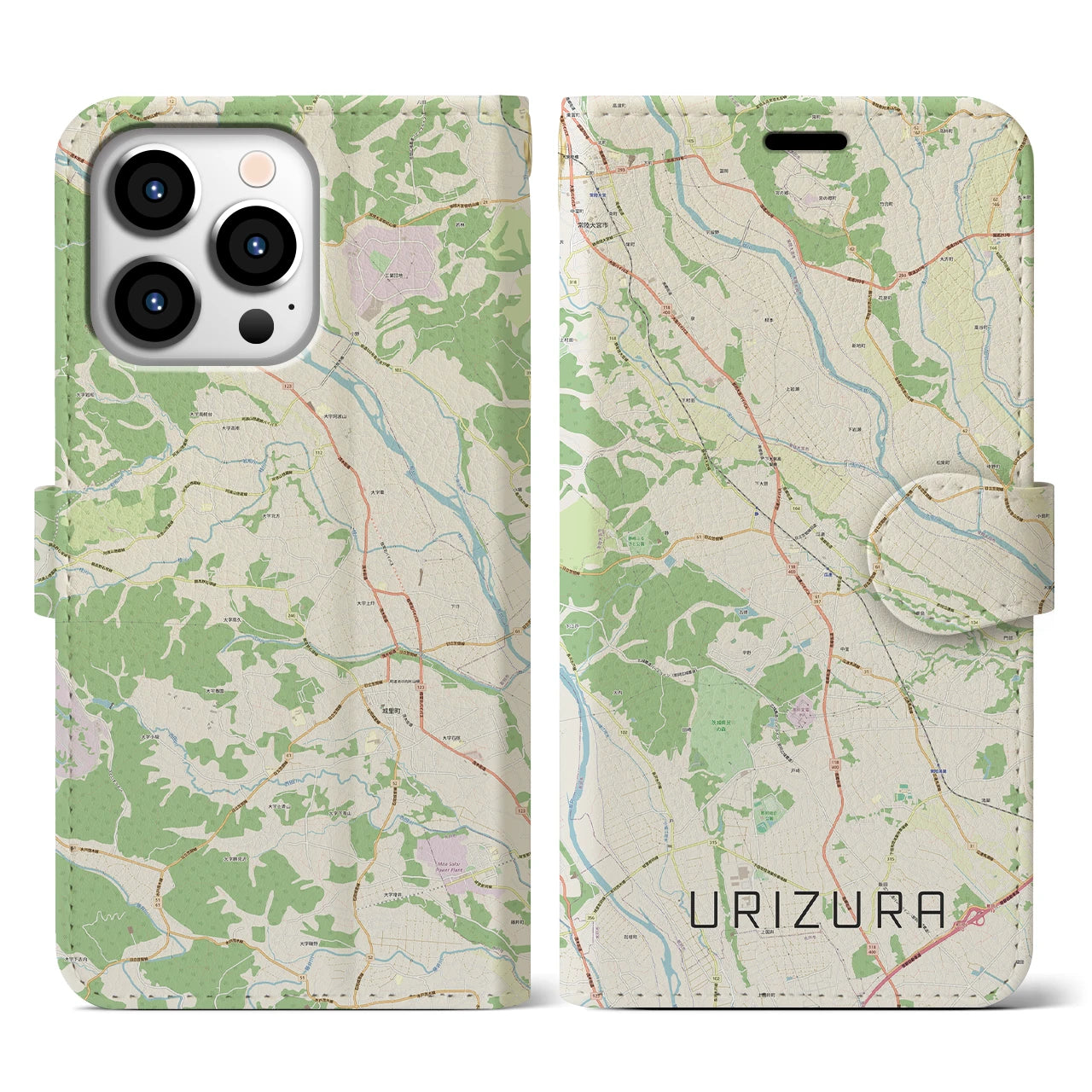 【瓜連（茨城県）】地図柄iPhoneケース（手帳タイプ）ナチュラル・iPhone 13 Pro 用