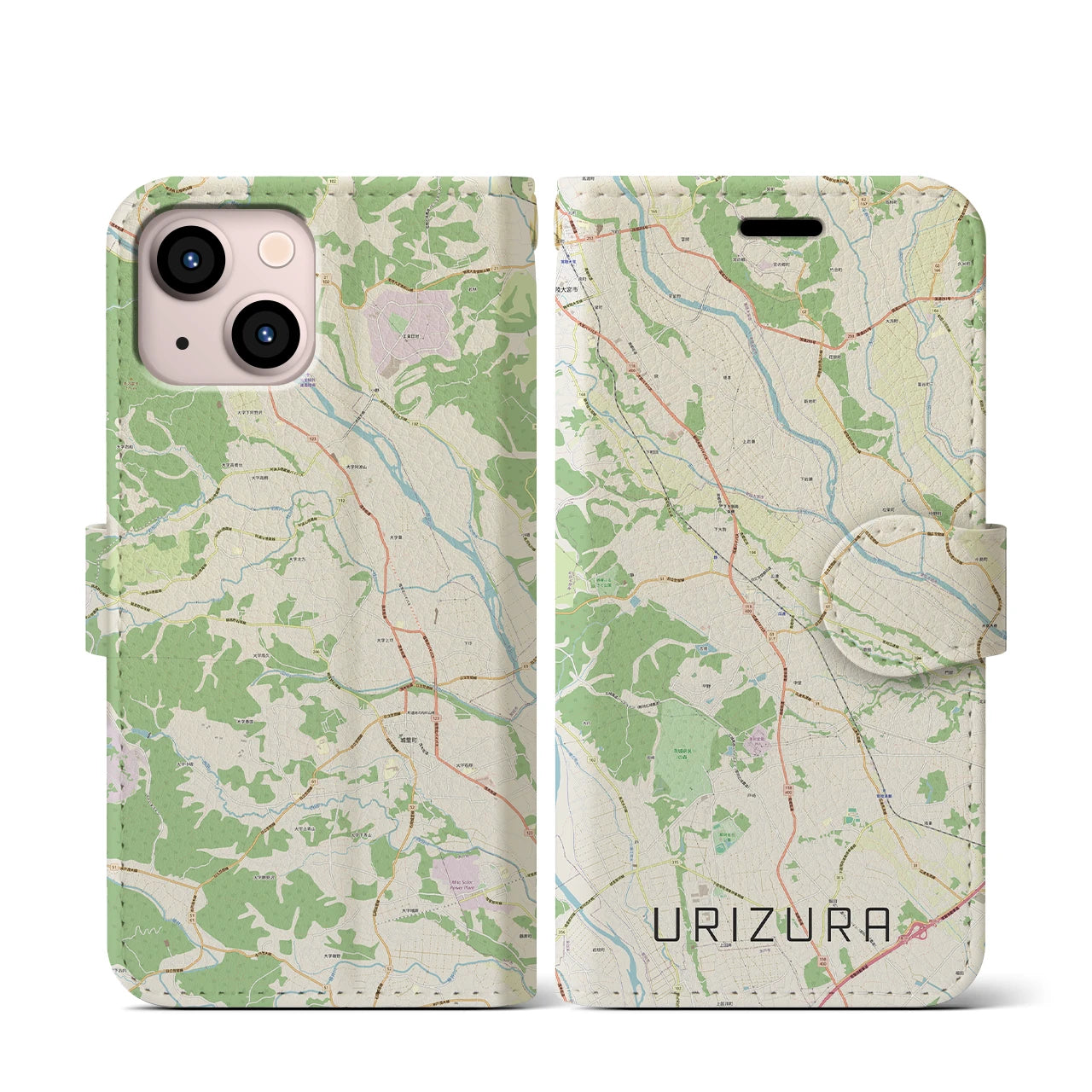 【瓜連（茨城県）】地図柄iPhoneケース（手帳タイプ）ナチュラル・iPhone 13 mini 用