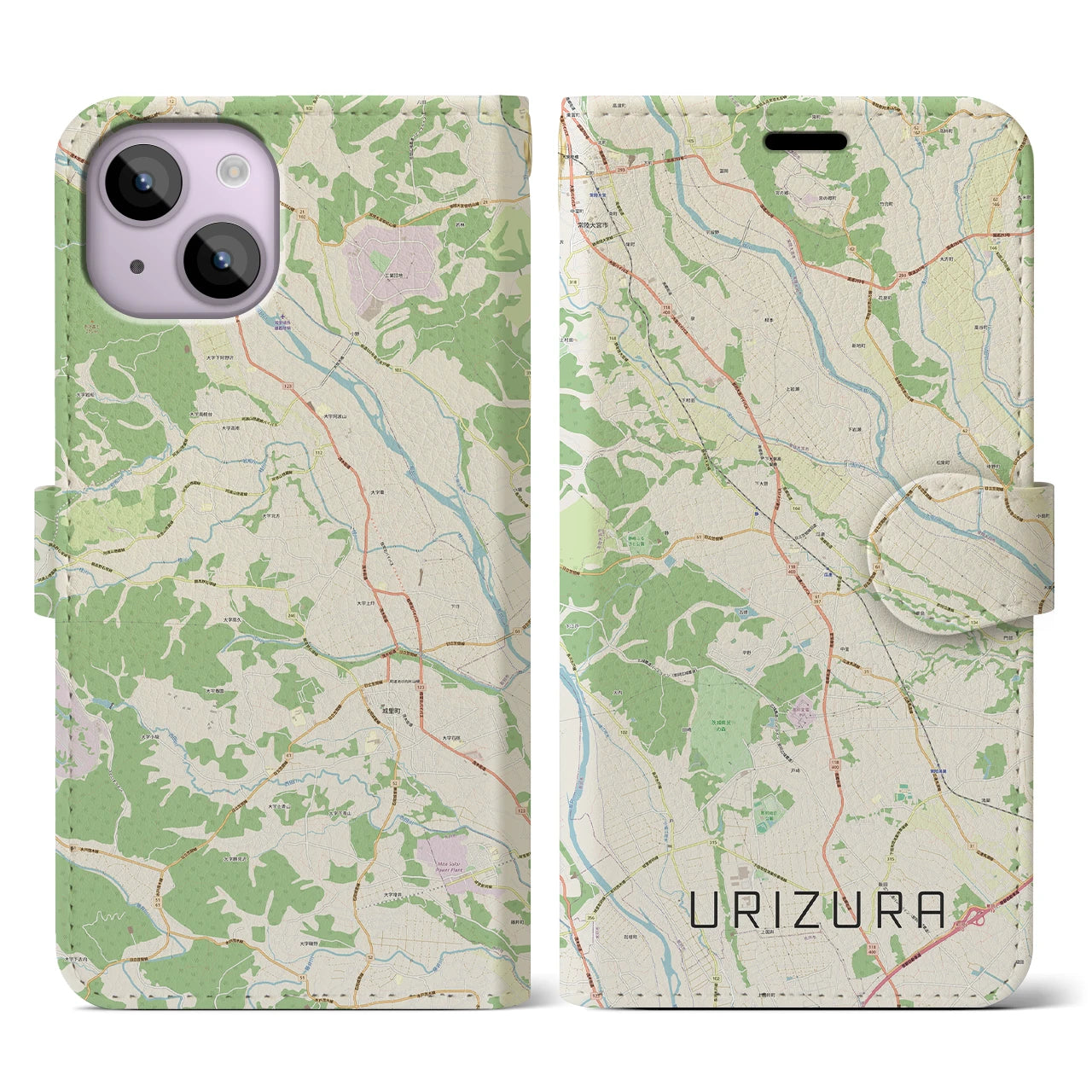 【瓜連（茨城県）】地図柄iPhoneケース（手帳タイプ）ナチュラル・iPhone 14 用