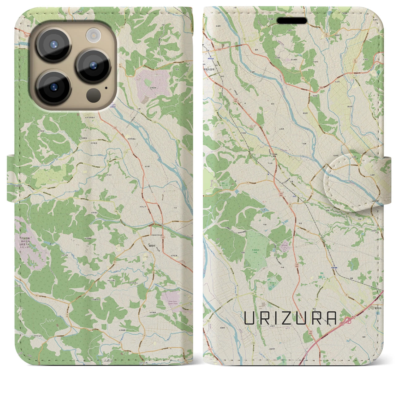 【瓜連（茨城県）】地図柄iPhoneケース（手帳タイプ）ナチュラル・iPhone 14 Pro Max 用