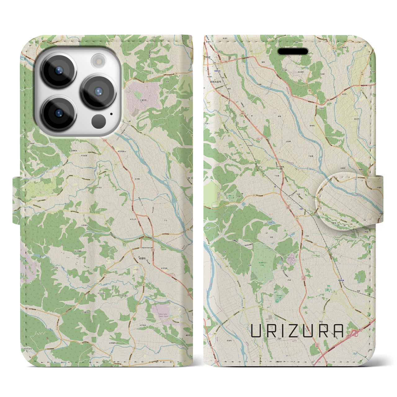 【瓜連（茨城県）】地図柄iPhoneケース（手帳タイプ）ナチュラル・iPhone 14 Pro 用