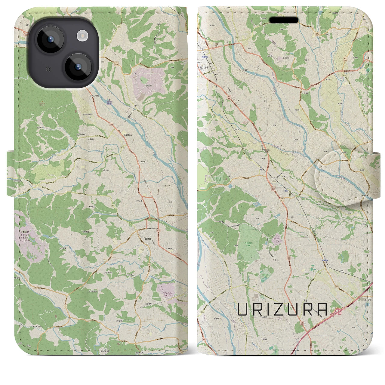 【瓜連（茨城県）】地図柄iPhoneケース（手帳タイプ）ナチュラル・iPhone 14 Plus 用