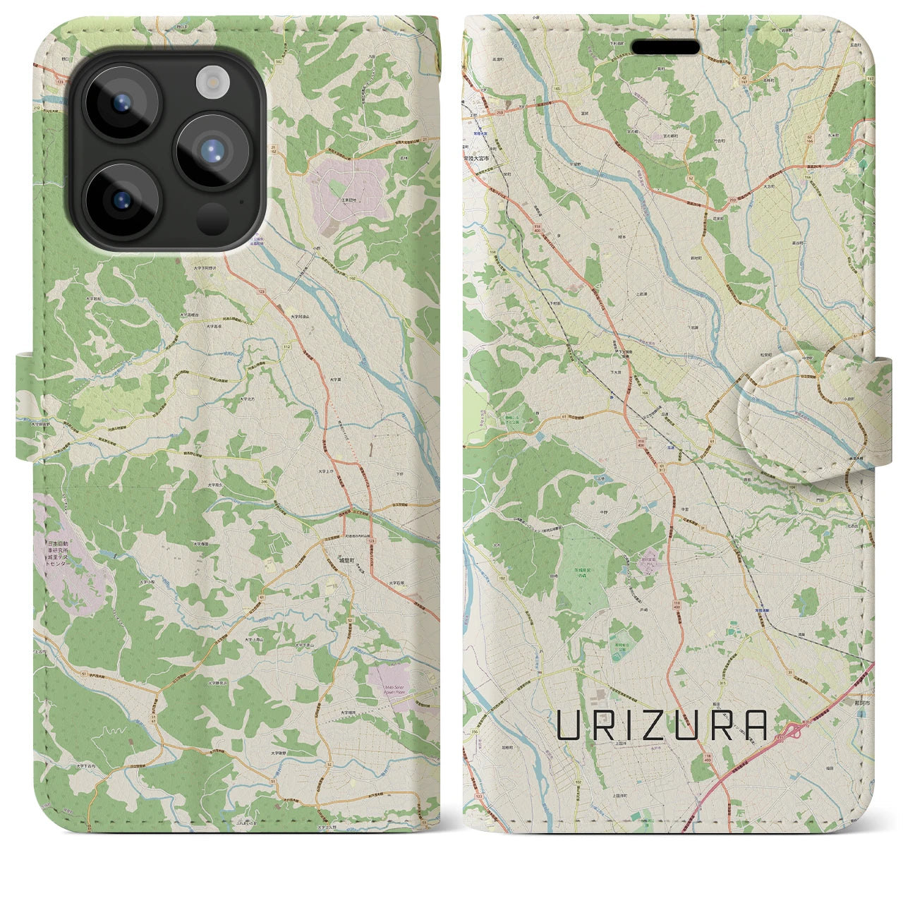 【瓜連（茨城県）】地図柄iPhoneケース（手帳タイプ）ナチュラル・iPhone 15 Pro Max 用