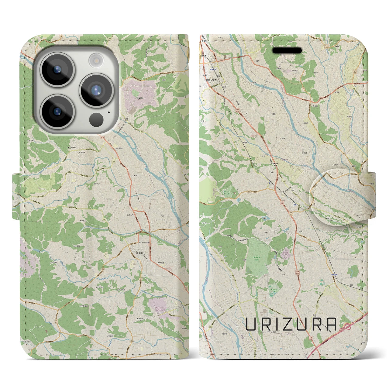 【瓜連（茨城県）】地図柄iPhoneケース（手帳タイプ）ナチュラル・iPhone 15 Pro 用