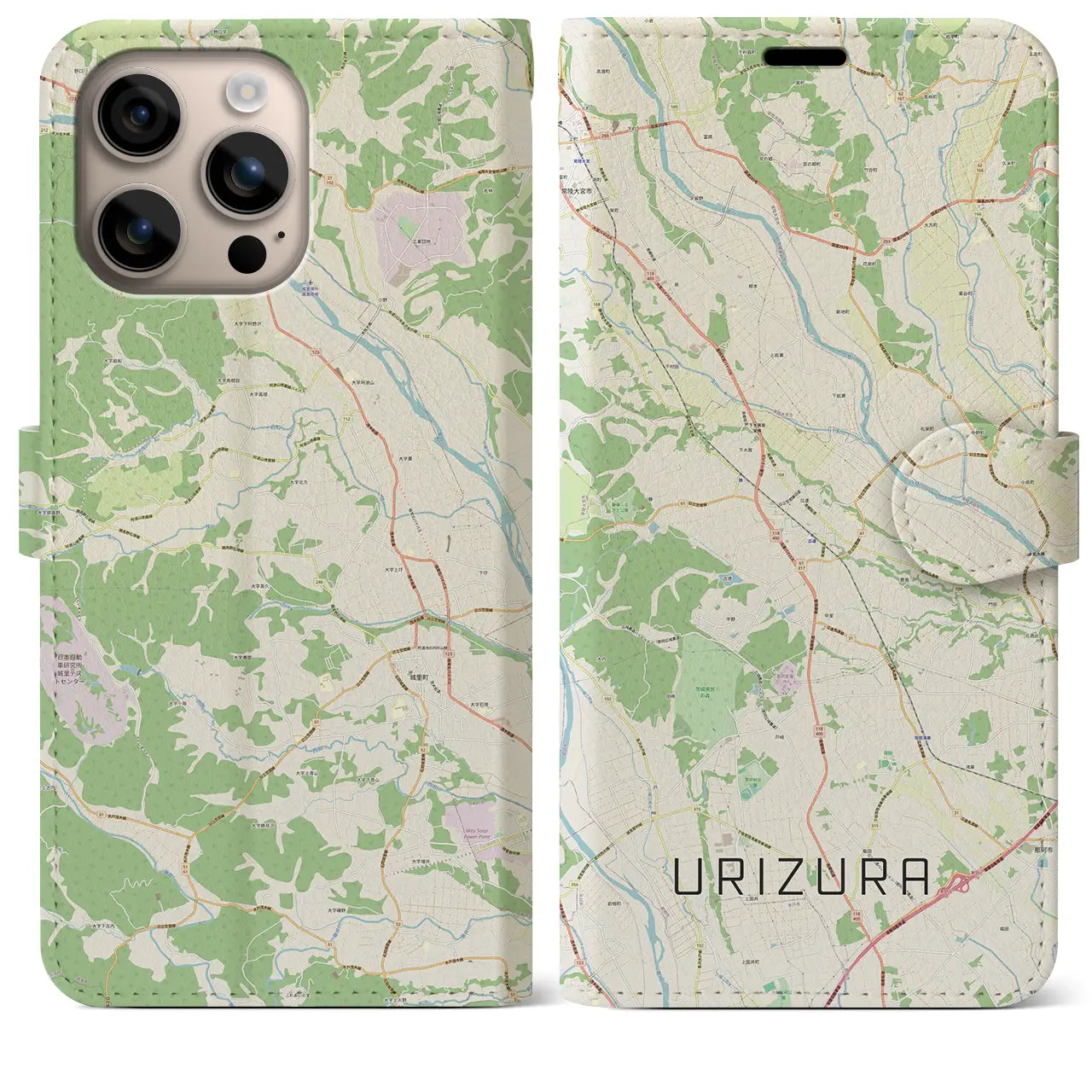 【瓜連（茨城県）】地図柄iPhoneケース（手帳タイプ）ナチュラル・iPhone 16 Plus 用