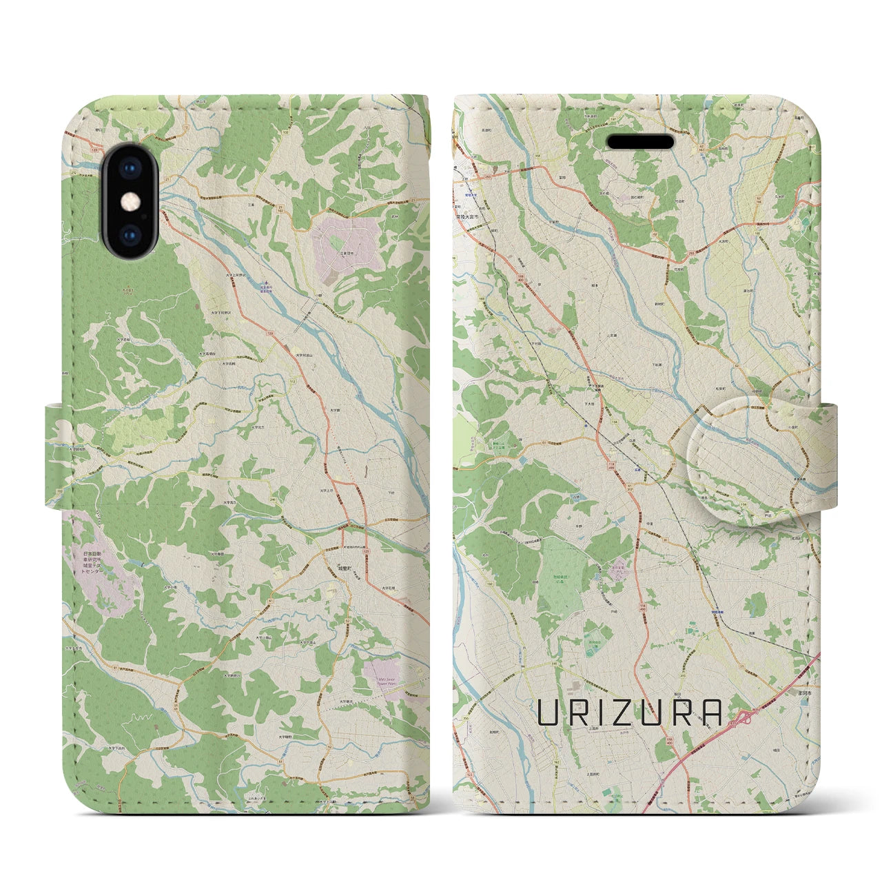 【瓜連（茨城県）】地図柄iPhoneケース（手帳タイプ）ナチュラル・iPhone XS / X 用