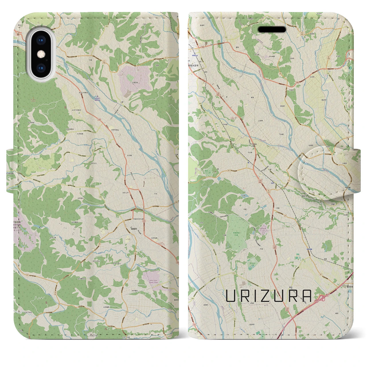 【瓜連（茨城県）】地図柄iPhoneケース（手帳タイプ）ナチュラル・iPhone XS Max 用