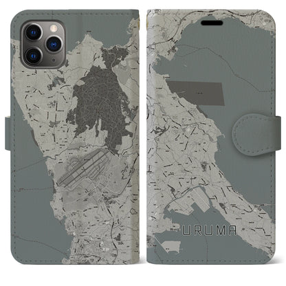 【うるま（沖縄県）】地図柄iPhoneケース（手帳タイプ）モノトーン・iPhone 11 Pro Max 用
