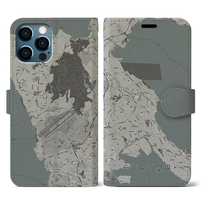 【うるま（沖縄県）】地図柄iPhoneケース（手帳タイプ）モノトーン・iPhone 12 / 12 Pro 用