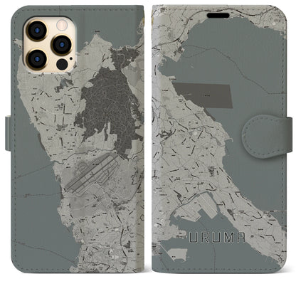 【うるま（沖縄県）】地図柄iPhoneケース（手帳タイプ）モノトーン・iPhone 12 Pro Max 用