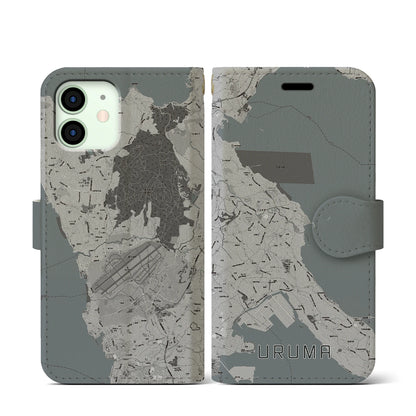 【うるま（沖縄県）】地図柄iPhoneケース（手帳タイプ）モノトーン・iPhone 12 mini 用