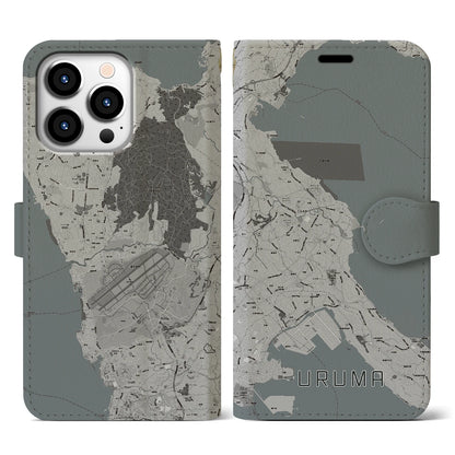 【うるま（沖縄県）】地図柄iPhoneケース（手帳タイプ）モノトーン・iPhone 13 Pro 用