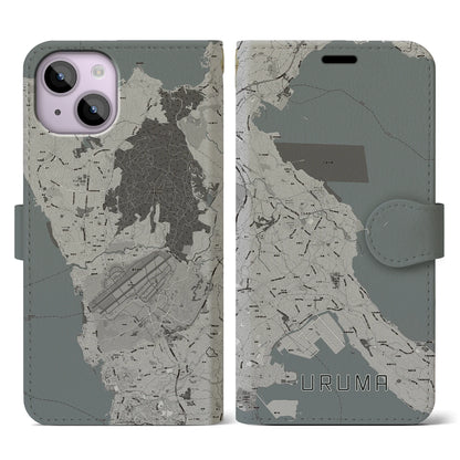 【うるま（沖縄県）】地図柄iPhoneケース（手帳タイプ）モノトーン・iPhone 14 用