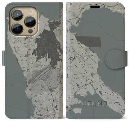 【うるま（沖縄県）】地図柄iPhoneケース（手帳タイプ）モノトーン・iPhone 14 Pro Max 用