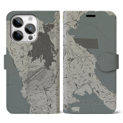 【うるま（沖縄県）】地図柄iPhoneケース（手帳タイプ）モノトーン・iPhone 14 Pro 用