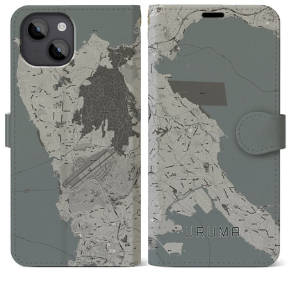 【うるま（沖縄県）】地図柄iPhoneケース（手帳タイプ）モノトーン・iPhone 14 Plus 用