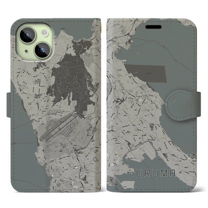 【うるま（沖縄県）】地図柄iPhoneケース（手帳タイプ）モノトーン・iPhone 15 用