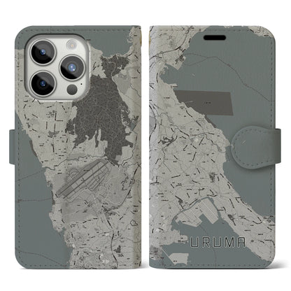 【うるま（沖縄県）】地図柄iPhoneケース（手帳タイプ）モノトーン・iPhone 15 Pro 用