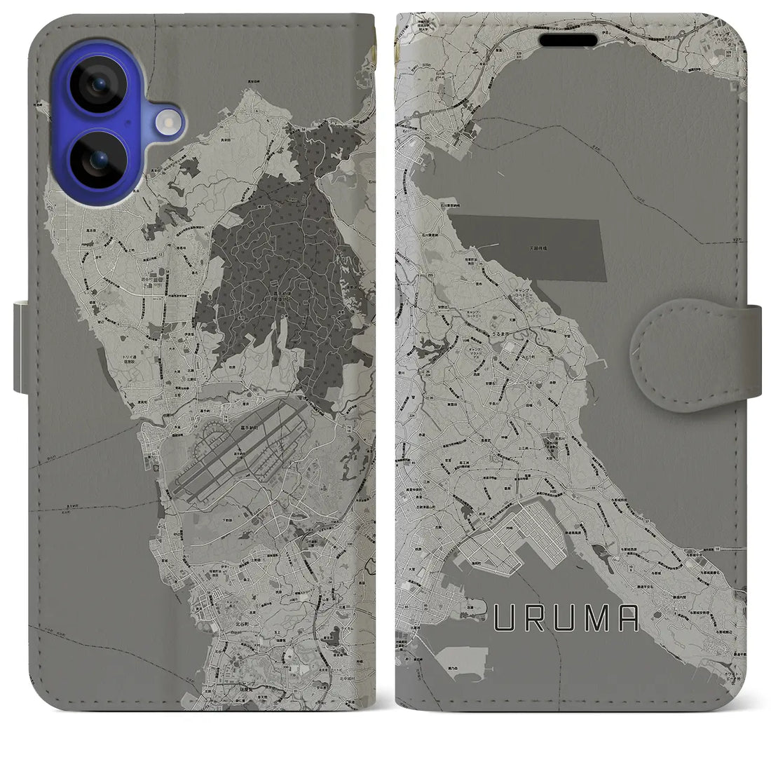 【うるま(沖縄県)】地図柄iPhoneケース(手帳タイプ)モノトーン・iPhone 16 Pro Max 用