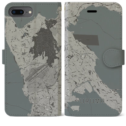【うるま（沖縄県）】地図柄iPhoneケース（手帳タイプ）モノトーン・iPhone 8Plus /7Plus / 6sPlus / 6Plus 用