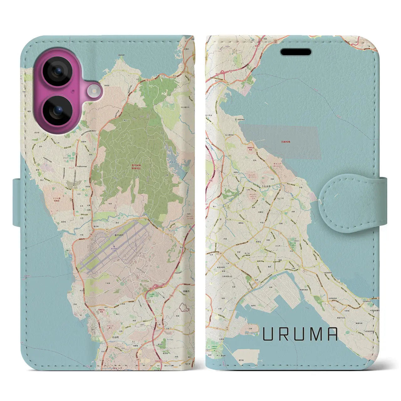 【うるま（沖縄県）】地図柄iPhoneケース（手帳タイプ）ナチュラル・iPhone 16 Pro 用