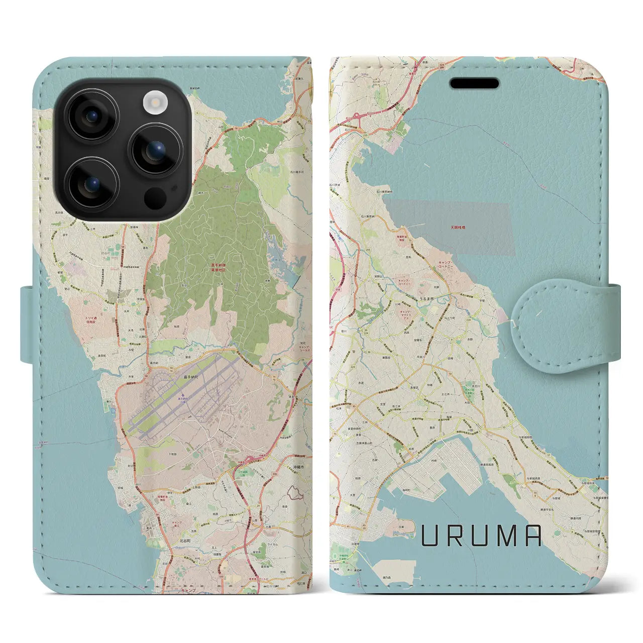 【うるま（沖縄県）】地図柄iPhoneケース（手帳タイプ）ナチュラル・iPhone 16 用