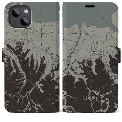 【宇佐（大分県）】地図柄iPhoneケース（手帳タイプ）モノトーン・iPhone 14 Plus 用