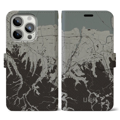 【宇佐（大分県）】地図柄iPhoneケース（手帳タイプ）モノトーン・iPhone 15 Pro 用