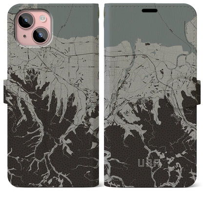 【宇佐（大分県）】地図柄iPhoneケース（手帳タイプ）モノトーン・iPhone 15 Plus 用