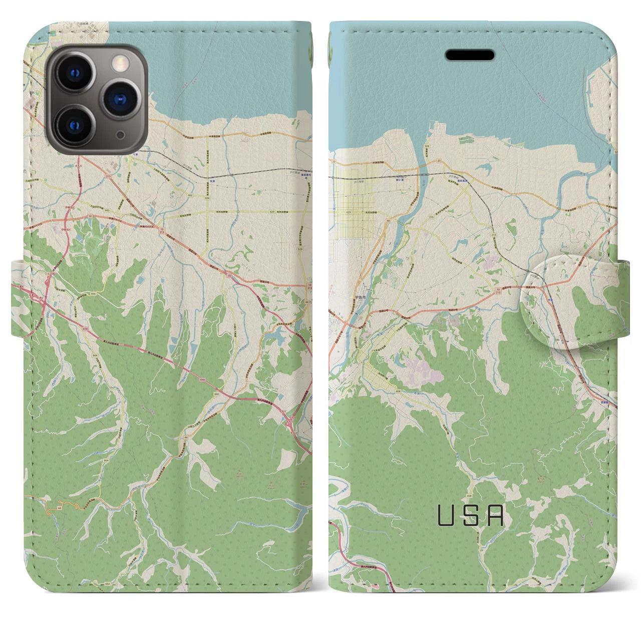 【宇佐】地図柄iPhoneケース（手帳両面タイプ・ナチュラル）iPhone 11 Pro Max 用