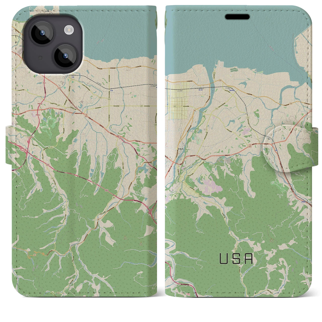 【宇佐】地図柄iPhoneケース（手帳両面タイプ・ナチュラル）iPhone 14 Plus 用
