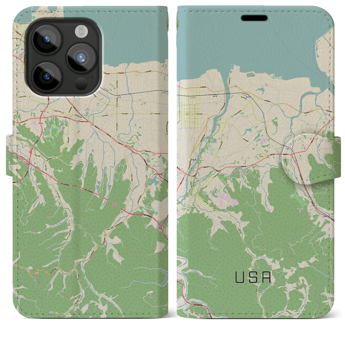 【宇佐】地図柄iPhoneケース（手帳両面タイプ・ナチュラル）iPhone 15 Pro Max 用