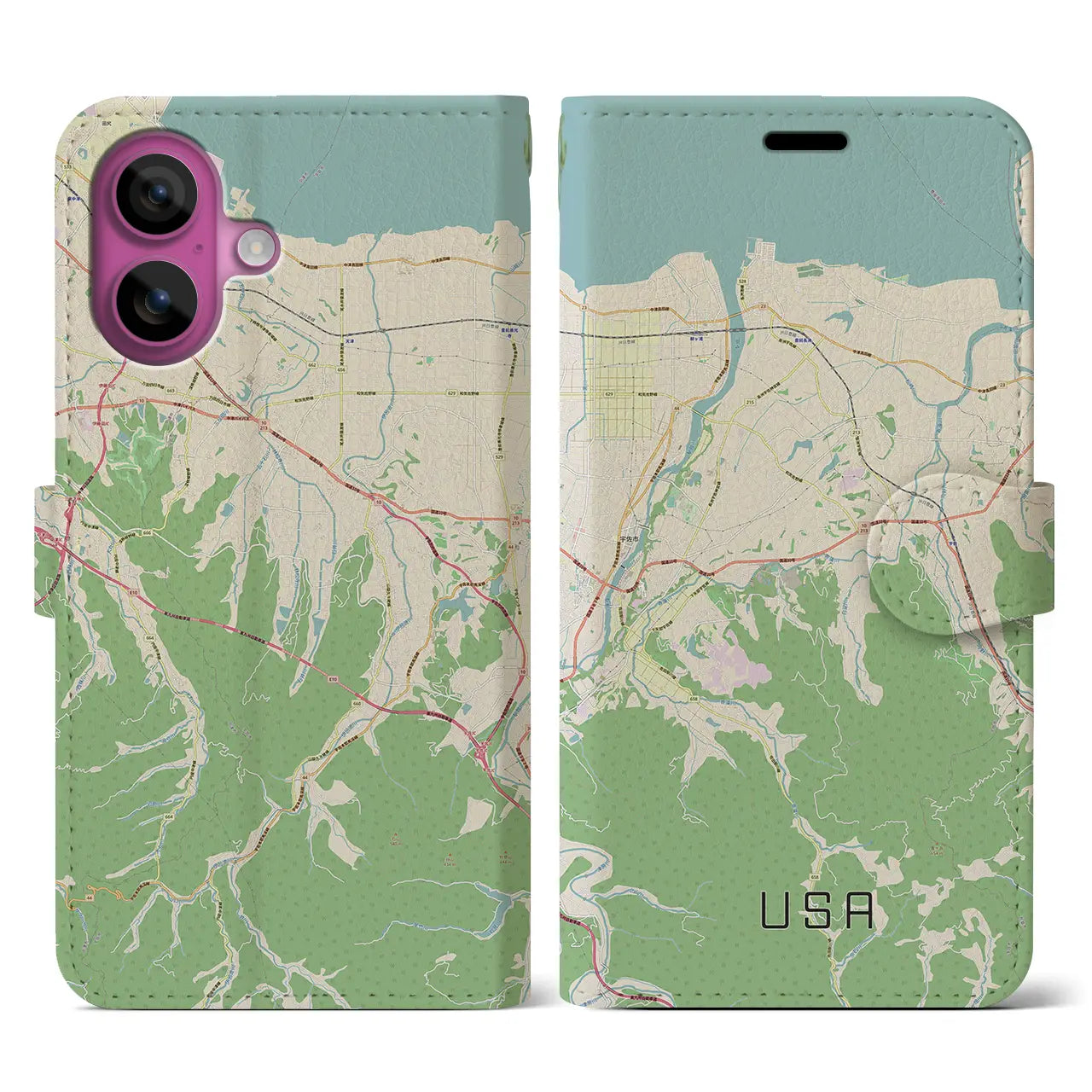 【宇佐（大分県）】地図柄iPhoneケース（手帳タイプ）ナチュラル・iPhone 16 Pro 用