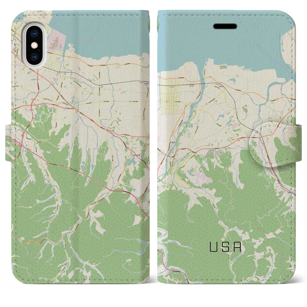 【宇佐】地図柄iPhoneケース（手帳両面タイプ・ナチュラル）iPhone XS Max 用