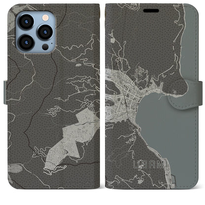 【宇佐美（静岡県）】地図柄iPhoneケース（手帳タイプ）モノトーン・iPhone 13 Pro Max 用