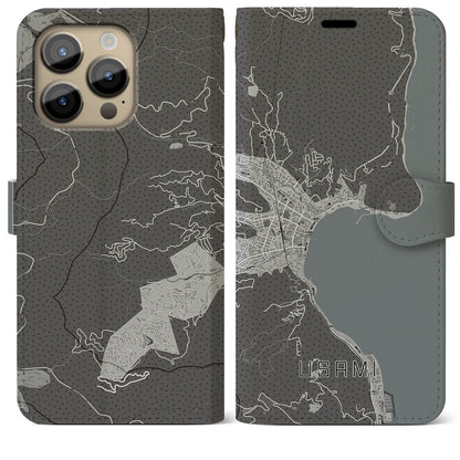 【宇佐美（静岡県）】地図柄iPhoneケース（手帳タイプ）モノトーン・iPhone 14 Pro Max 用