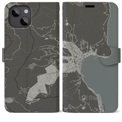 【宇佐美（静岡県）】地図柄iPhoneケース（手帳タイプ）モノトーン・iPhone 14 Plus 用