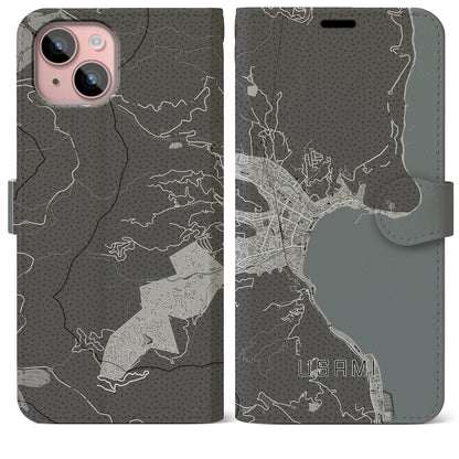 【宇佐美（静岡県）】地図柄iPhoneケース（手帳タイプ）モノトーン・iPhone 15 Plus 用
