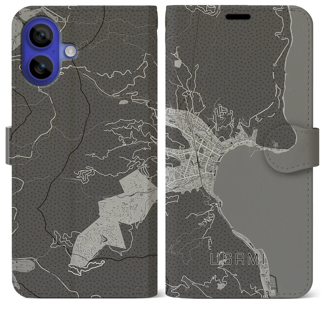 【宇佐美(静岡県)】地図柄iPhoneケース(手帳タイプ)モノトーン・iPhone 16 Pro Max 用