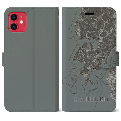 【牛深（熊本県）】地図柄iPhoneケース（手帳タイプ）モノトーン・iPhone 11 用