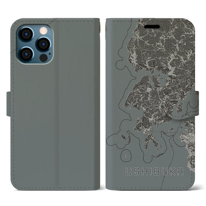 【牛深（熊本県）】地図柄iPhoneケース（手帳タイプ）モノトーン・iPhone 12 / 12 Pro 用