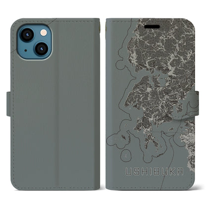 【牛深（熊本県）】地図柄iPhoneケース（手帳タイプ）モノトーン・iPhone 13 用