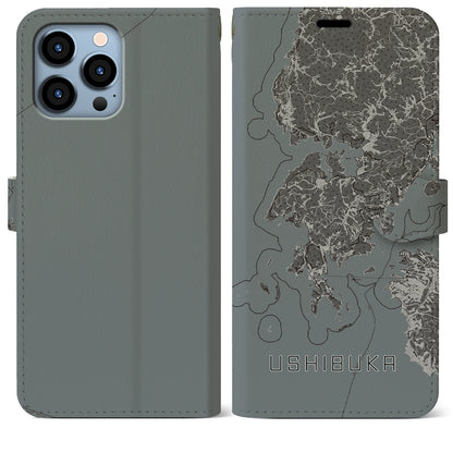 【牛深（熊本県）】地図柄iPhoneケース（手帳タイプ）モノトーン・iPhone 13 Pro Max 用