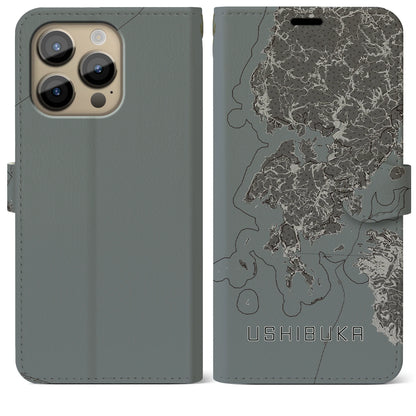 【牛深（熊本県）】地図柄iPhoneケース（手帳タイプ）モノトーン・iPhone 14 Pro Max 用