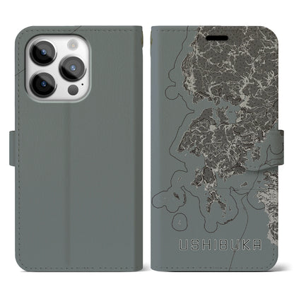 【牛深（熊本県）】地図柄iPhoneケース（手帳タイプ）モノトーン・iPhone 14 Pro 用