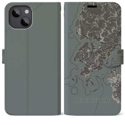 【牛深（熊本県）】地図柄iPhoneケース（手帳タイプ）モノトーン・iPhone 14 Plus 用