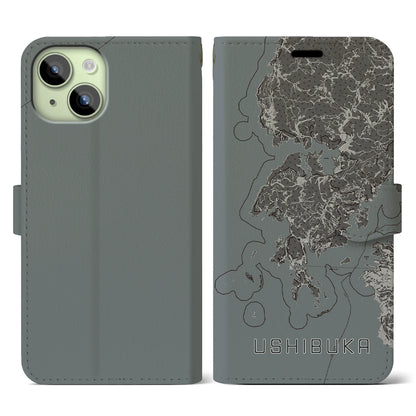 【牛深（熊本県）】地図柄iPhoneケース（手帳タイプ）モノトーン・iPhone 15 用