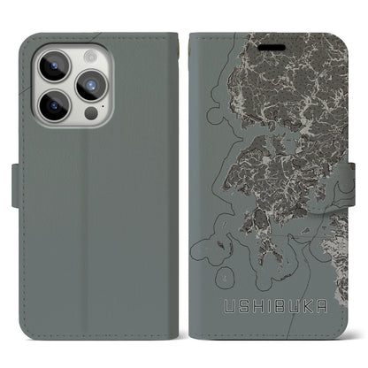 【牛深（熊本県）】地図柄iPhoneケース（手帳タイプ）モノトーン・iPhone 15 Pro 用