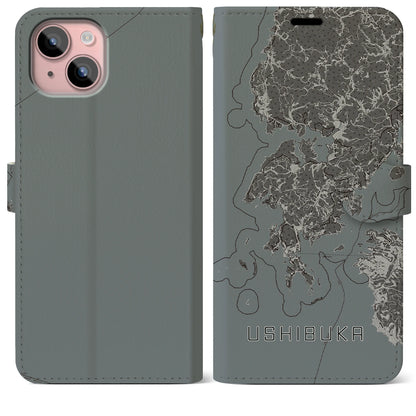 【牛深（熊本県）】地図柄iPhoneケース（手帳タイプ）モノトーン・iPhone 15 Plus 用